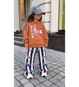 Ördek Baskılı Sweatshirt ve Çizgili Baskılı Eşofman Kız Çocuk 3 İplik Alt Üst Takım