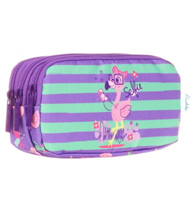 Kaukko Üç Bölmeli Mor Pembe Flamingo Kız Çocuk Kalem Çantası