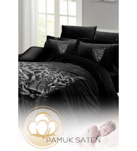 Çift Kişilik ( Lastikli Çarşaflı ) %100 Pamuk Saten Nevresim Takımı Black Leopar
