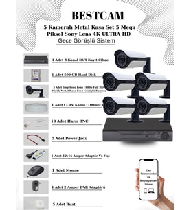 BESTCAM 5 Kameralı Metal Kasa Set 5 Mega Piksel Sony Lensli 4K Ultra HD Gece Görüşlü Sistem 500 GB Hard disk