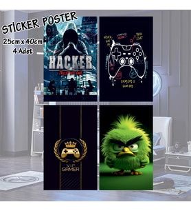 hacker vip gamer oyuncu joystick - 4 adet yapışkanlı poster sticker etiketler - dolap cam oda için