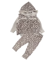 Kız Bebek Bej Kahve Leopar Desenli Nakışlı Şişme Yelekli Lüks 3'lü Takım