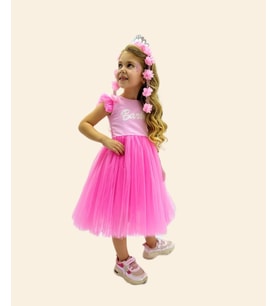 Barbie Baskı Pembe Tüllü Abiye Elbise