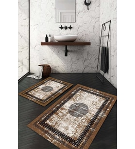 Dijital Baskılı Kaymaz Taban Yıkanabilir 2'li Klozet Takımı Banyo Paspası NDKZ-HT-679 (Kahverengi)