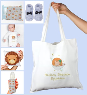eJOYA Bebeklere Özel Çantasında Kişiye Özel Battaniye Zıbın Biberon Yastık Ve Patik Bebek Hediye Seti 109971 (Mavi)