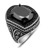 Gümüş Siyah Zirkon Taşlı Oval Erkek Yüzük