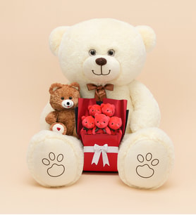 Aşk Dolu Hediye Seti – 120 cm Dev Peluş Ayı, 25 cm Peluş Ayıcık ve Peluş Buket (Krem-Taba)
