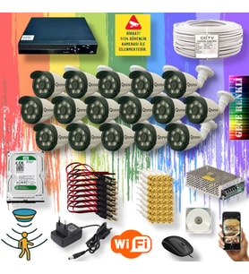16 Kameralı Set - Gece Renkli Gösteren Hareket Algılayan 5 Mp Sony Lensli 1080p Full Hd Güvenlik Kamerası Seti 3908w