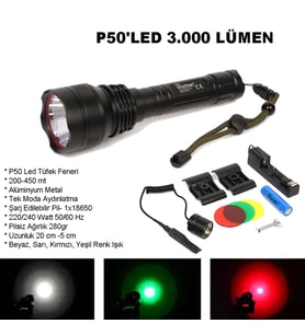 Profesyonel P50'Led 3.000 Lümen  Şarjlı Av Feneri Watton Wt-150 (Siyah)