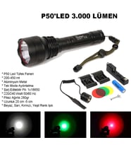 Profesyonel P50'Led 3.000 Lümen  Şarjlı Av Feneri Watton Wt-150 (Siyah)