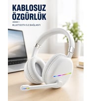 Kablosuz Bluetooth Mikrofonlu Beyaz Kulaklık Rgb Işıklı