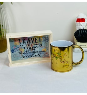 Travel Journal Tasarımlı Ahşap Kumbara Ve Dünya Haritası Gold Kupa Set