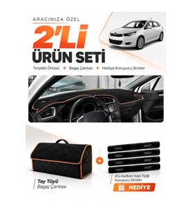 CITROEN C4 (2011-2020) Uyumlu Torpido Örtüsü + Tay Tüyü Bagaj Çantası + Sticker Seti - Siyah Kahverengi