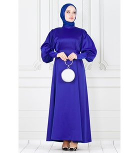 Arkadan Bağlamalı Kolu Düğmeli Saten Abiye-Saks Mavi