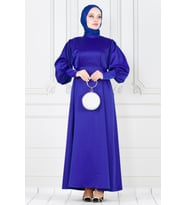 Arkadan Bağlamalı Kolu Düğmeli Saten Abiye-Saks Mavi