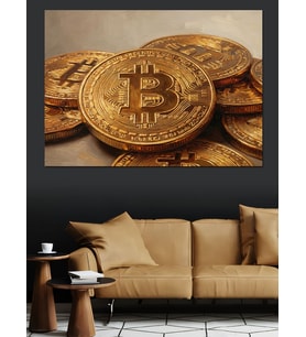 Bitcoin Altın Kripto Paralar Yığını Dekoratif Kanvas - Mdf Ahşap Tablo