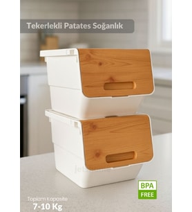 2’li Bambu-Beyaz Tekerlekli Patateslik Soğanlık Oyuncak Kutusu Patates Soğan Sepeti 24 Lt