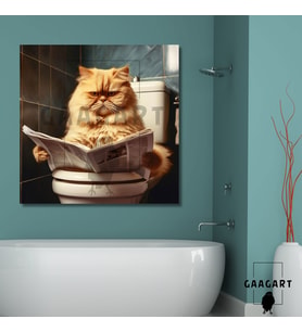 Tekli Kare Kanvas Banyo Tablosu Gazete Okuyan Sarı İran Kedisi