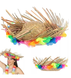 Naturel Renk Püsküllü Örme Hasır Hawaii Luau Aloha Şapka 13x36 cm