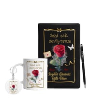 Sevgililer Gününe Özel Siyah Defter Kalem Kupa & Süblimasyon Anahtarlık Hediye Seti 15
