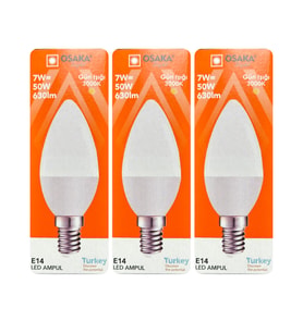 (3 Adet) Osaka 7W (50W) Sarı Işık (3000K) E14 Duylu (İnce Duy) Led Mum Ampul