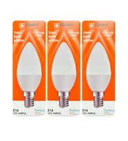 (3 Adet) Osaka 7W (50W) Sarı Işık (3000K) E14 Duylu (İnce Duy) Led Mum Ampul