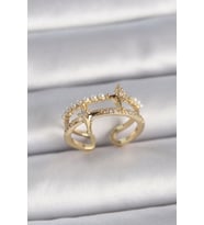 Pirinç Gold Renk Ayarlanabilir Zirkon Taşlı İncili Yıldız Model Kadın Yüzük (Altın)