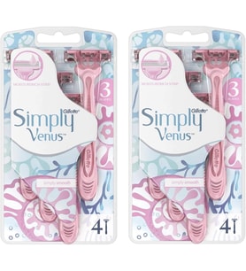Venus Simply 3 Bıçaklı Tek Kullanımlık Tıraş Makinesi, Nem Zengin Şeritli, 4 Adet (2 Paket)
