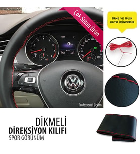 Dikmeli Direksiyon Kılıfı Deri Siyah Kırmızı Dikişli