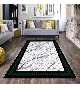 Beyaz Dama Yeşil Çizgi Desen Yıkanabilir Kaymaz Taban Leke Tutmaz Modern Salon Halısı ve Yolluk (Yeşil-Beyaz)
