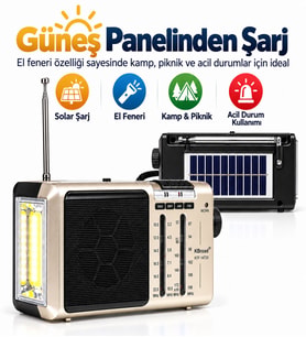 UltraTekno KTF-1472S Solar Panelli 4 Band Şarjlı Radyo FM AM SW1 SW2 El Fenerli