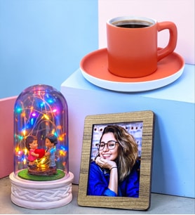 Renkli Led Işıklı Fanuslu Turuncu Kahve Fincanlı Kişiye Özel Hediye Seti (Model 7)
