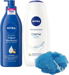 Creme Duş Jeli 500Ml Yoğun Besleyici Nemlendirici Vücut Sütü 400Ml, Banyo Lifi Hediyeli