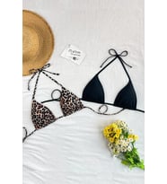 Mulvxbrf Brf02 Kadın Leopar Desenli Ve Siyah Minimal Kesim Üçgen Bikini Üstü (Mulvix)