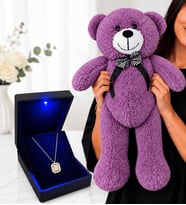 Mor Peluş Ayıcık ve Işıklı Kutuda 925 Ayar Gümüş Gold Baget Montür Kadın Kolye Sevgiliye Hediye