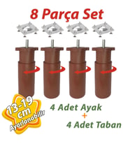 4 Adet Destek Ayağı 13-19 cm Kahverengi ve 4 Adet  Metal Düz Ayak Tabanı M8 Civatalı İnce Diş Mobilya Kanepe Baza Koltuk Seti