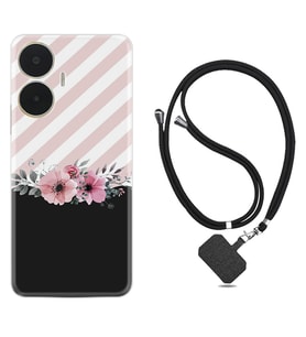Realme C55 Kılıf Resimli Boyun Askılı İpli Desenli Silikon Strip Pink Flowers 1396