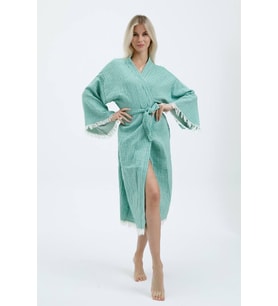 Müslin Kimono %100 Pamuklu Çizgili Bornoz Kaftan Sabahlık (Yeşil)