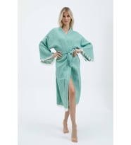 Müslin Kimono %100 Pamuklu Çizgili Bornoz Kaftan Sabahlık (Yeşil)