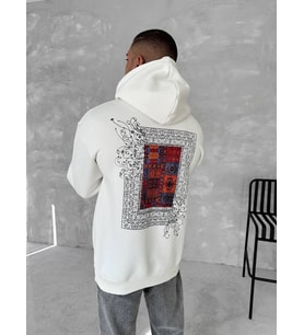 Erkek Kapüşonlu Kanguru Cepli Sweatshirt 3 İplik Pamuklu Baskılı Hoodie - Beyaz