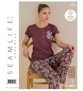 Seamlife Kadın Lüx Extra Yumuşak %100 Pamuk Viskon Kısa Kollu Pijama Takımı (Kiremit)