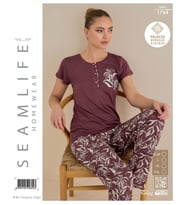 Seamlife Kadın Lüx Extra Yumuşak %100 Pamuk Viskon Kısa Kollu Pijama Takımı (Kiremit)