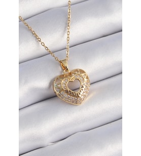 316L Çelik Gold Renk Zirkon Taşlı Kalp Model Vintage Kadın Kolye - TJ-BKO9325