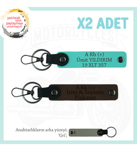 Motor Severlere Hediye, İsim Plaka ve A Rh (+) Kan Grubu Yazılı x2'li Anahtarlık, K Kahve-Turkuaz-Gr
