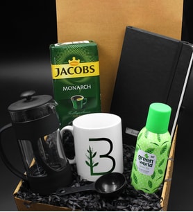 Kişiye Özel Harf Detaylı Kupa & French Press & 250 Gram Jacobs Filtre Kahve & Kişiye Özel Siyah Defter & Green World Kolonya