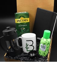 Kişiye Özel Harf Detaylı Kupa & French Press & 250 Gram Jacobs Filtre Kahve & Kişiye Özel Siyah Defter & Green World Kolonya