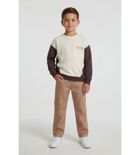 Kahverengi Kahve Erkek Çocuk Keten Pantolonlu Sweatshirt 2li Takım 24516