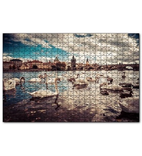 Cakapuzzle Prag Charles Köprüsü ve Kuğular Puzzle Yapboz MDF (Ahşap) (120 Parça)