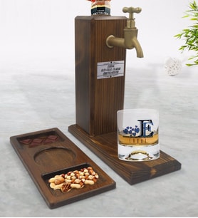 BK Gift Kişiye Özel Harfli Viski Bardağı & Musluklu Doğal Ahşap İçki Standı & Masif Ahşap Dikdörtgen Sunum Tabağı Çerezlik Hediye Seti-2