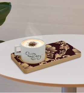 BK Gift Kişiye Özel Retro Motif Tasarımlı Doğal Ahşap Tabaklı Seramik Fincan Sunum Seti  Model 7